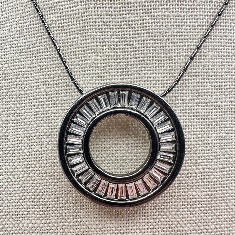 Vintage 80s Baguette Circle Halo Pendant Necklace Gunmetal Tone Chain Jewelry